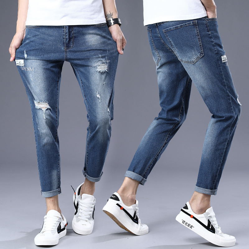 Spring and summer new pattern Jeans hole Self cultivation Elastic force Ninth pants english Embroidery man Trend leisure time Pencil Pants