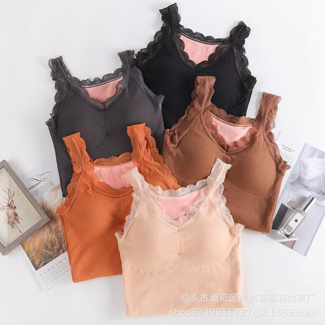 小熊仙女保暖背心V领吊带蕾丝性感打底衣加绒加厚保暖内衣 带罩杯
