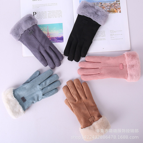 Wholesale winter and autumn lined plush touch screen gloves for women, with hair mouth gloves factory shipping