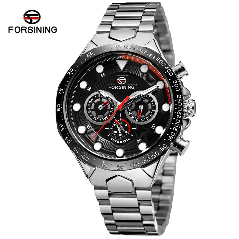 FORSINING fusini hombres moda correa de acero reloj mecánico automático reloj impermeable luminoso de seis pines 432