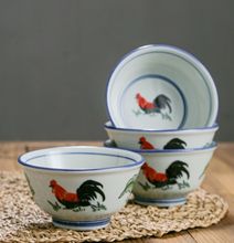 工廠 公雞碗 老式 青瓷高溫釉下彩 復古公雞陶瓷飯碗  加厚餐具