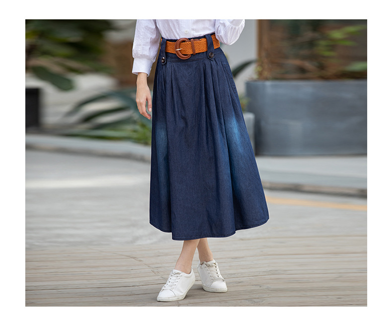 autumn plus size thin high waist mid-length pleated denim skirt   NSDT9083