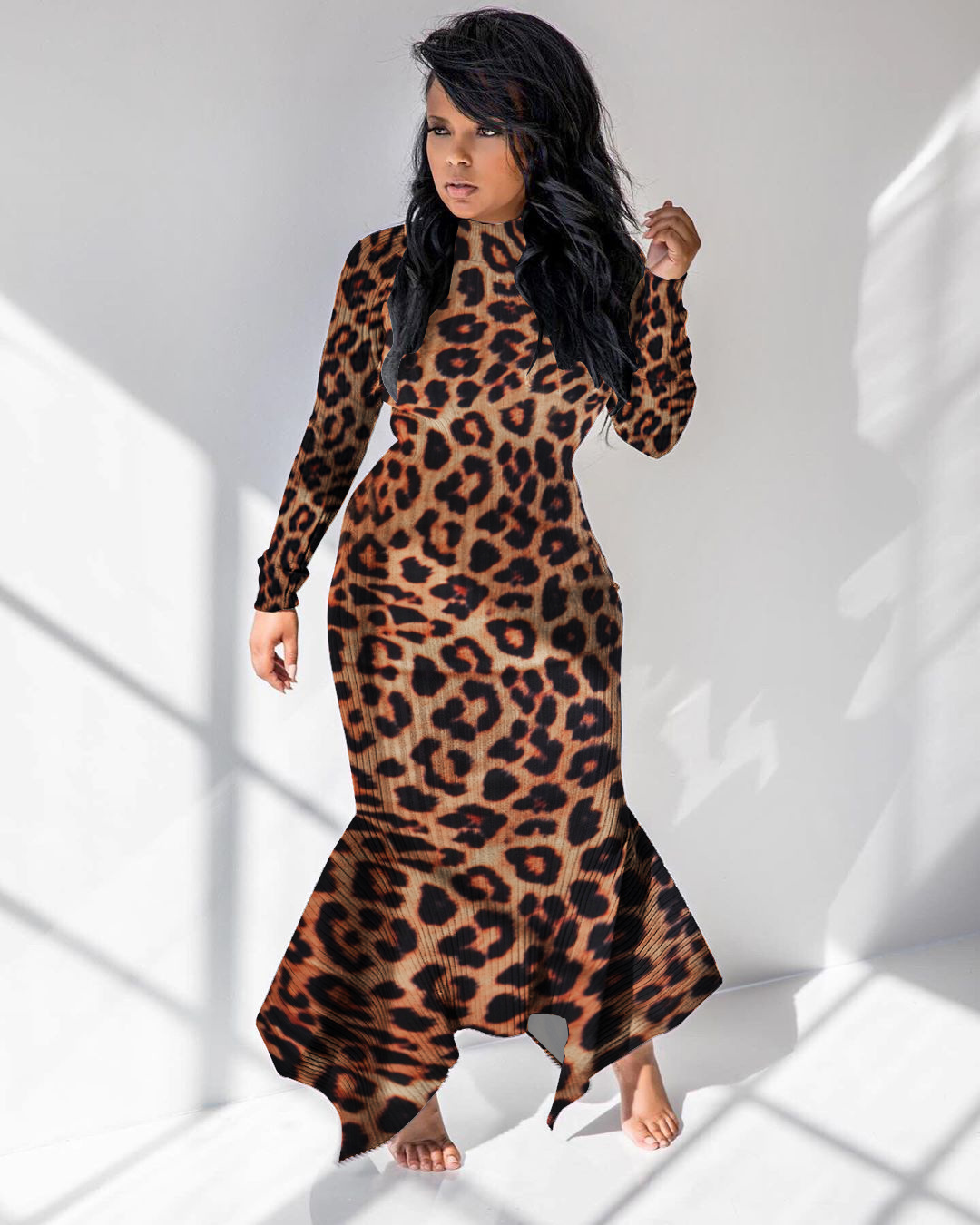 Spot High Neck Irregular Hem Slim Long Sleeve Dress NSWNY62252