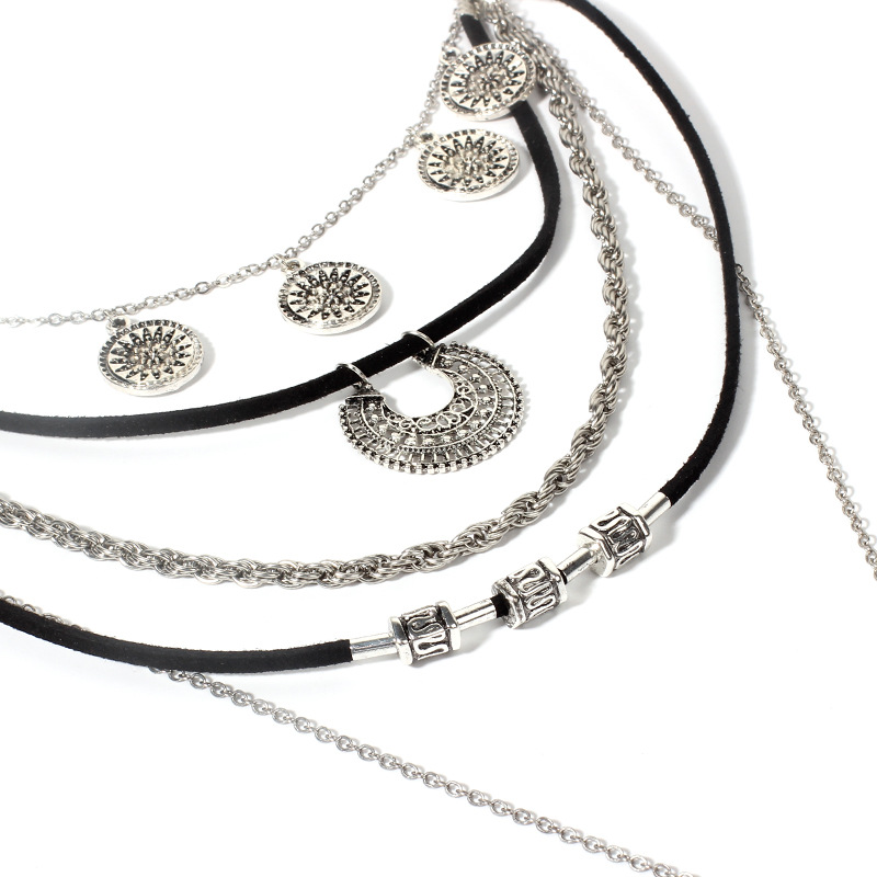 10g Weight Necklace Classification Wedding, Travel Occasion Women'S Gender Fashion Style Silver Color Fashion Retro Geometric Black Multilayer Leather Cord Necklace 5