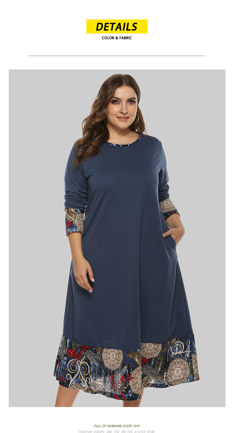 plus size loose round neck stitching long-sleeved mid-length dress  NSJR52369