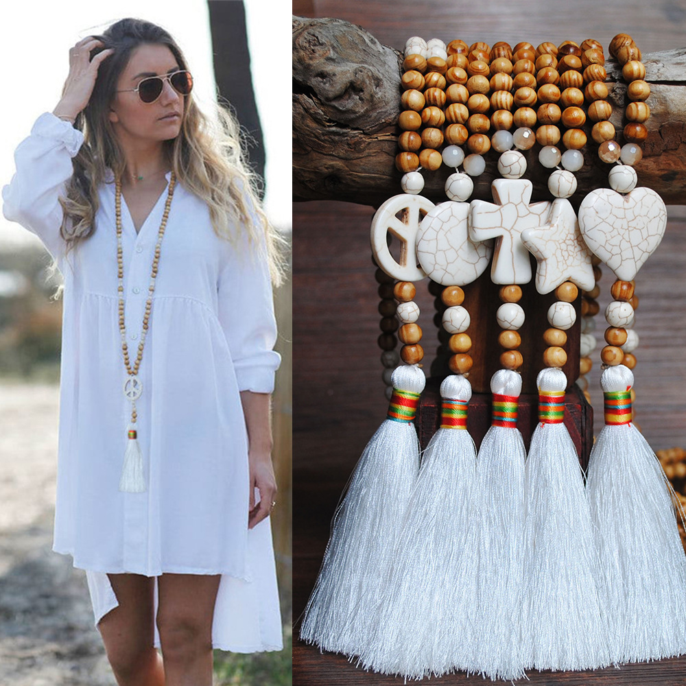 European and American Handmade Wooden Beads Ethnic Sweater Chain Tassel Necklace Turquoise Pendant