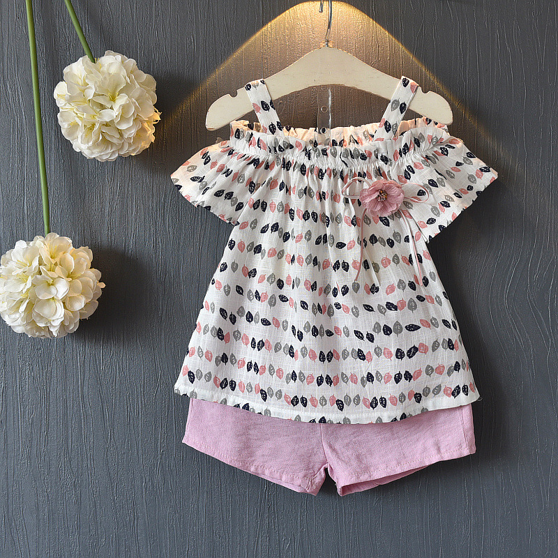 2019夏季新款韓版女童套裝樹葉露肩吊帶短褲兩件套女童裝棉麻夏裝