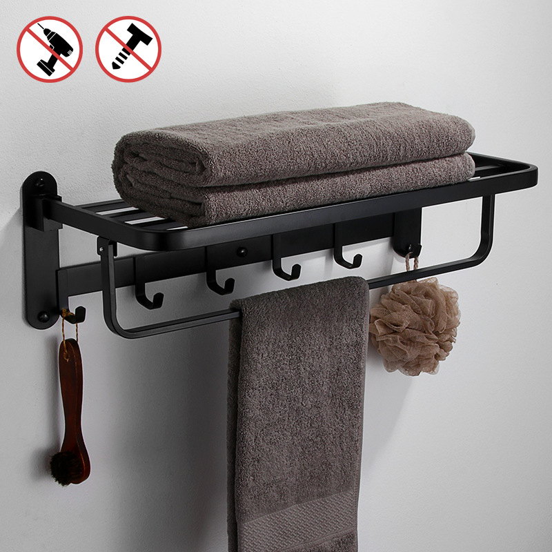 黑色毛巾架免打孔衛生間置物架壁挂式浴室浴巾廁所挂件挂架杆家用