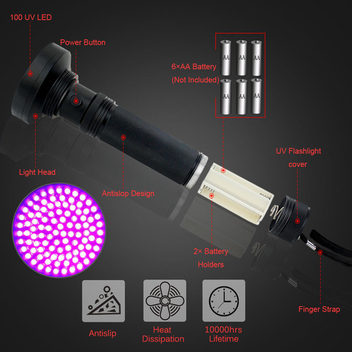 Manufacturer 100LED purple light flashlight UV scorpion flashlight mask fluorescent agent detection flashlight