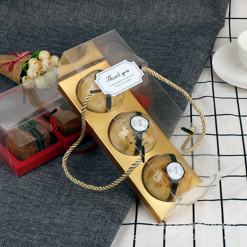 En stock transparente PET protección del medio ambiente yema de huevo caja de embalaje crujiente 3 tabletas nieve Mei Niang pastelería occidental para hornear caja de pastel de Luna portátil