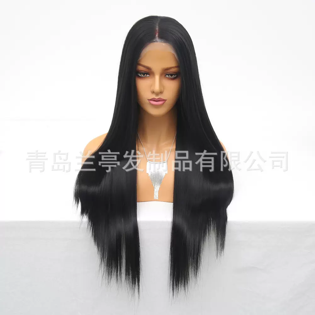 厂家批发 欧美新款化纤前蕾丝假发头套 13*6大手钩黑色长直发韩丝