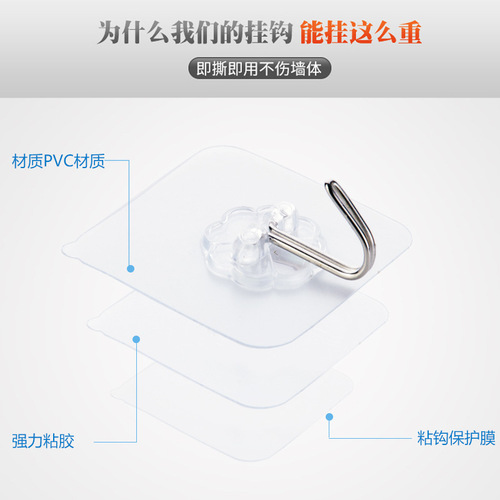 Kitchen nail-free traceless hooks transparent strong load-bearing wall hooks wall-mounted clothes hooks bathroom punch-free sticky hooks
