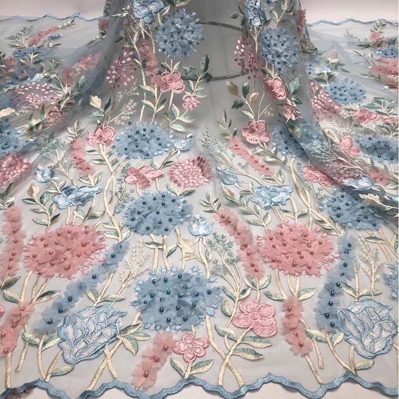 立体订珠绣花蕾丝网布  珠片亮片绣花面料连衣裙礼服服装绣花面料