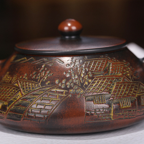 Yixing purple clay teapots are handmade and customized by famous manufacturers. Wholesale and delivery services. High-quality Nixing pottery carved and painted stone ladle teapots.