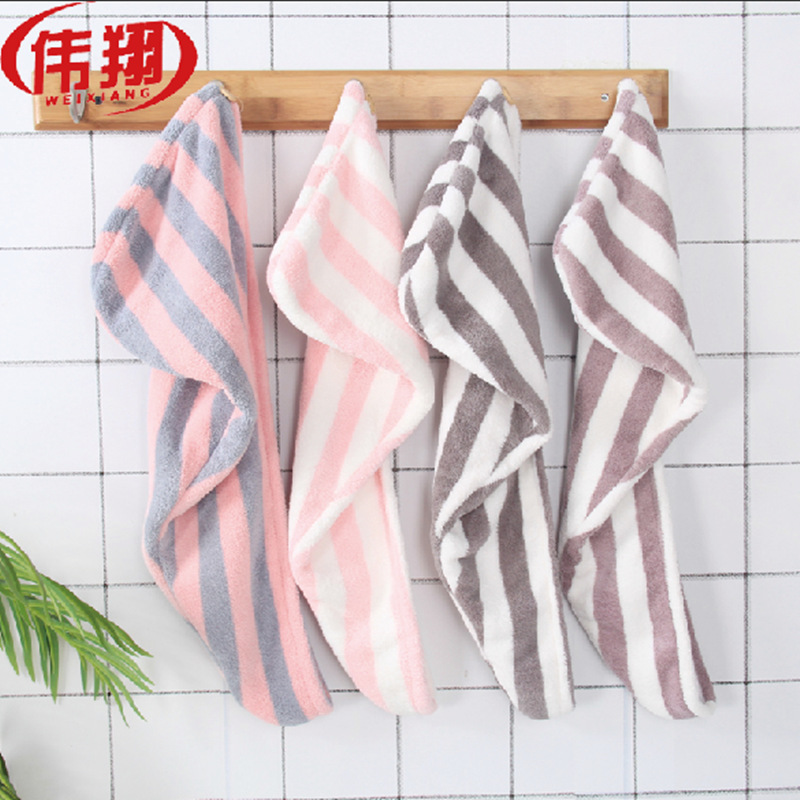 厂家直销 伟翔经编珊瑚绒阳离子 超细纤维吸水条纹可爱时尚干发帽