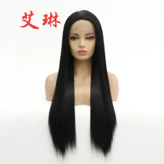欧美女士黑色自由分长顺直发假发 化纤前蕾丝半手织头套 厂家现货