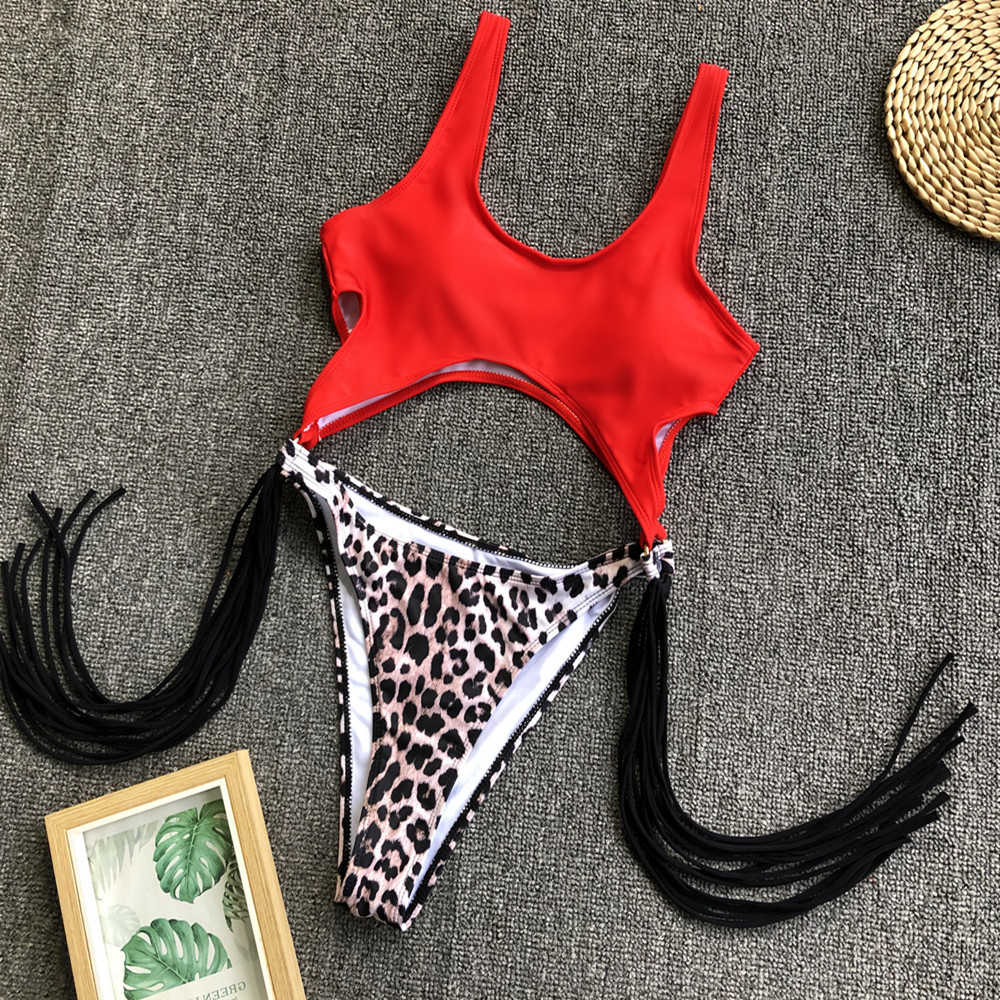 Traje de baño de una pieza de estilo caliente con estampado de leopardo bikini de una pieza con borla de anillo de acero hueco sexy NSDA1273