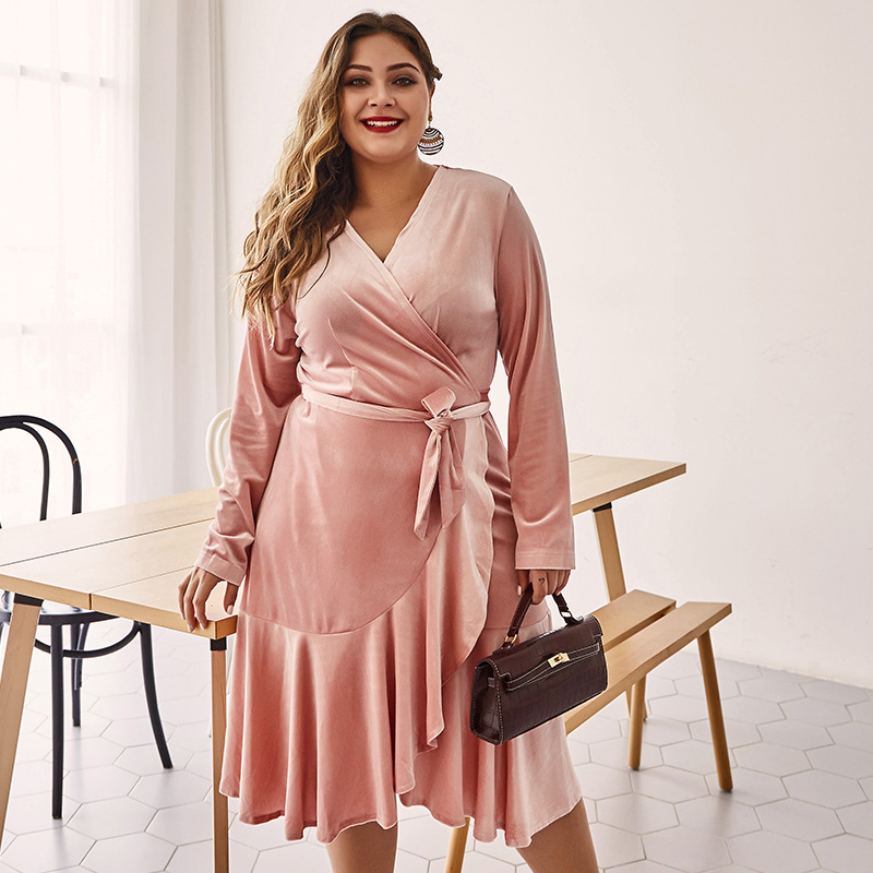 2021wish韩国绒连衣裙女装外贸女装胖mm纯色连衣裙厂家批发