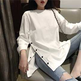 批发2022早春新款秋衣开叉纽扣长袖t恤女上衣ins超火的小清新仙女