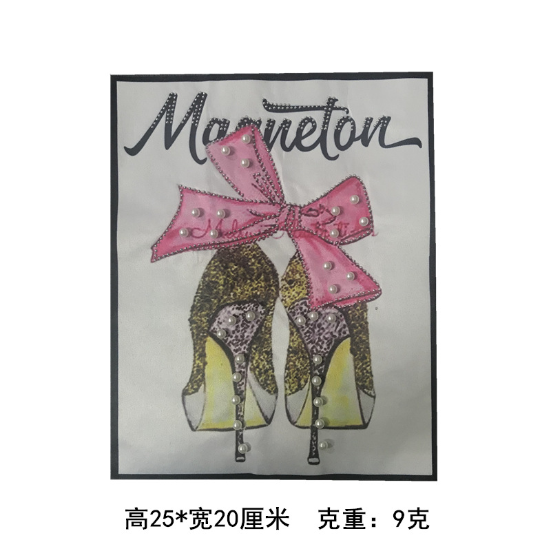 Three-dimensional Hand-stitched Digital Printing Rhinestone Beaded Pink Bow High-heeled Cloth Patch display picture 2
