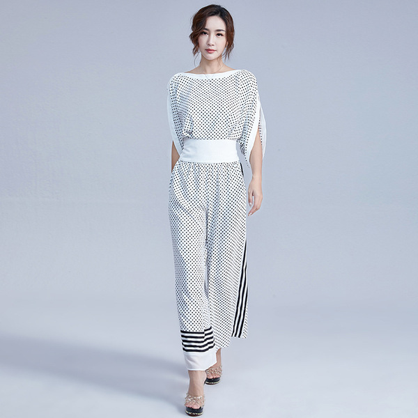 Wave Point Collision Air-permeable Chiffon Broad-legged Pants Suit  