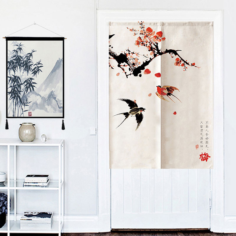 Chinese-Style Curtain Fabric Door Curtain, No-Drill Bedroom Partition Curtain, Hanging Curtain for Kitchen and Bathroom, Feng Shui Curtain E18