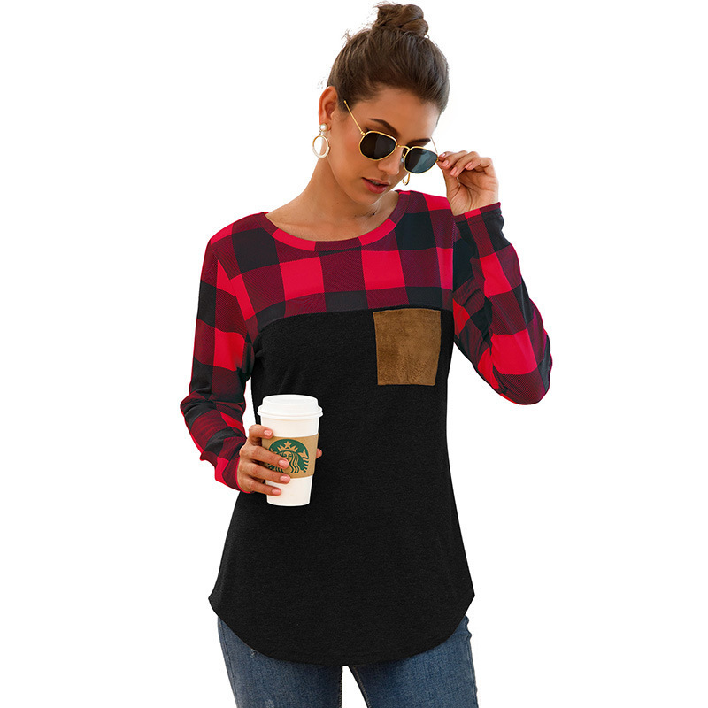 2020 European and American women's spring and summer new Amazon popular wish round neck Plaid splicing long sleeve pocket T-shirt