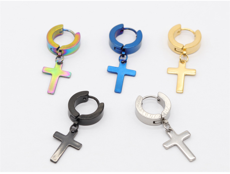 嘻哈风圆形男士耳钉耳坠 防掉色不锈钢十字架耳环