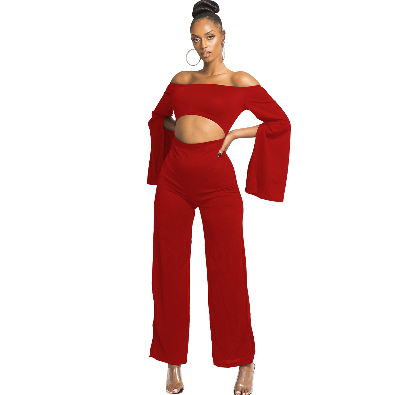 Boutique Casual Solid Color Long Sleeves Cropped off Shoulder Jumpsuit