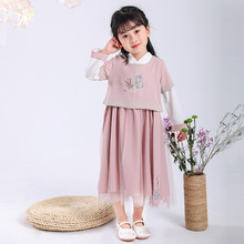 女童秋装2018新款棉麻汉服加绒两件套长袖公主裙民族风旗袍连衣裙