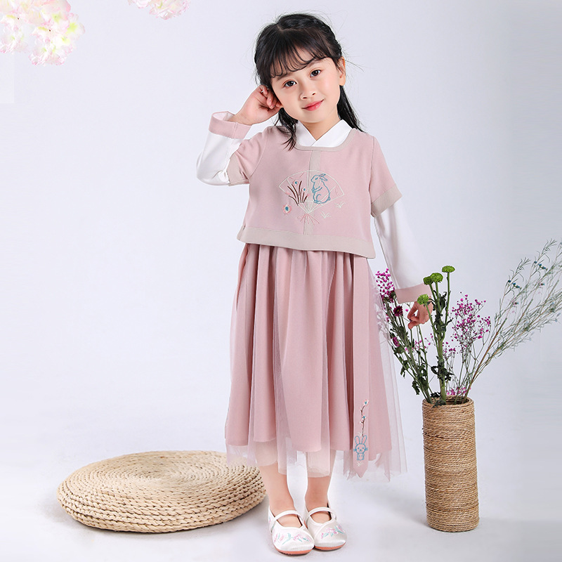 女童秋装2018新款棉麻汉服加绒两件套长袖公主裙民族风旗袍连衣裙