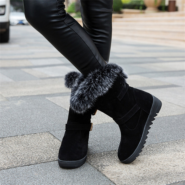 Women’s snow boots Plush winter new rabbit hair women’s shoes waterproof platform short boots flat sole large buckle all