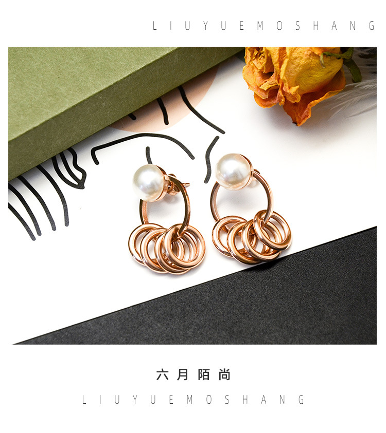 Titanium Steel Fashion Double Ring Pearl Earrings Jewelry display picture 2