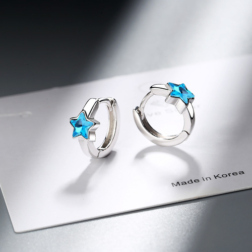 Blue five-pointed star earrings, personalized small artificial crystal earrings, niche cold style earrings, earrings, copper Korean version