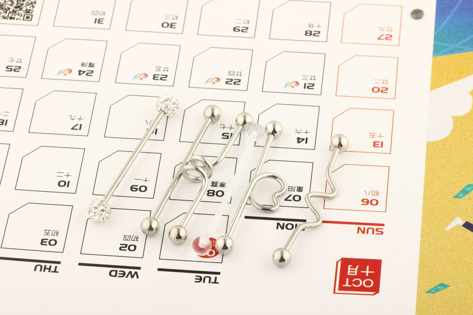 Diamond Industrial Barbell Crossbar Straight Bar Earring Set - Stainless Steel Double Ear Cuff for Cartilage Helix Tragus, Silver detail image 20