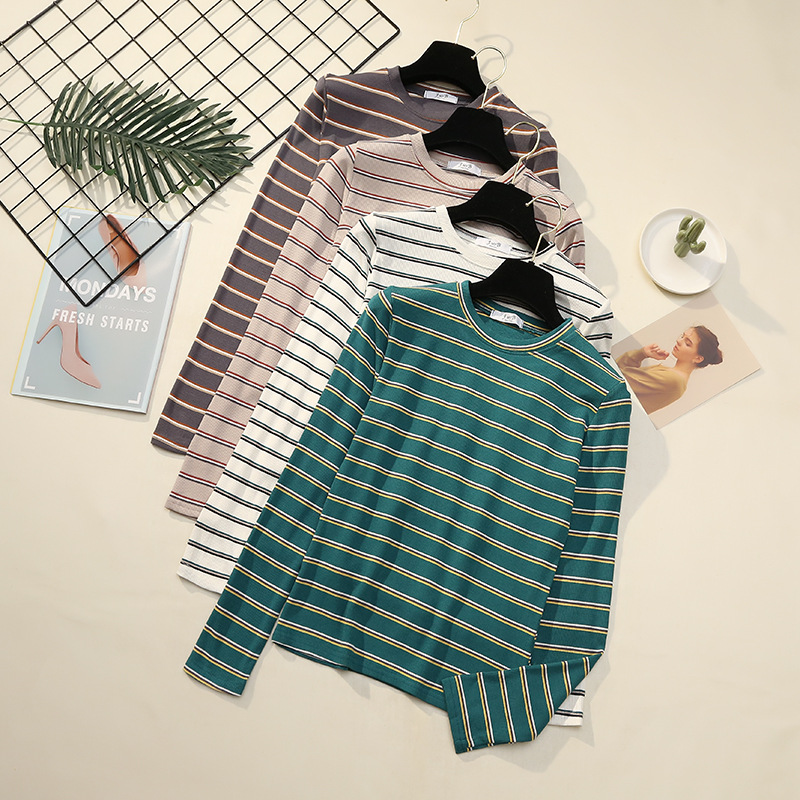 Colorful striped bottoming shirt female 2019 Korean round round leader sleeve kit knit cotton T-shirt shirt 1197