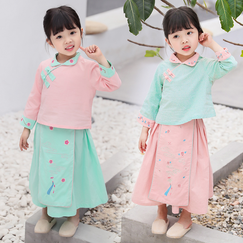 Children's clothing girl Hanfu spring and autumn girl Improvement Dress suit Two piece set children Ruskirt Embroidery ancient costume suit