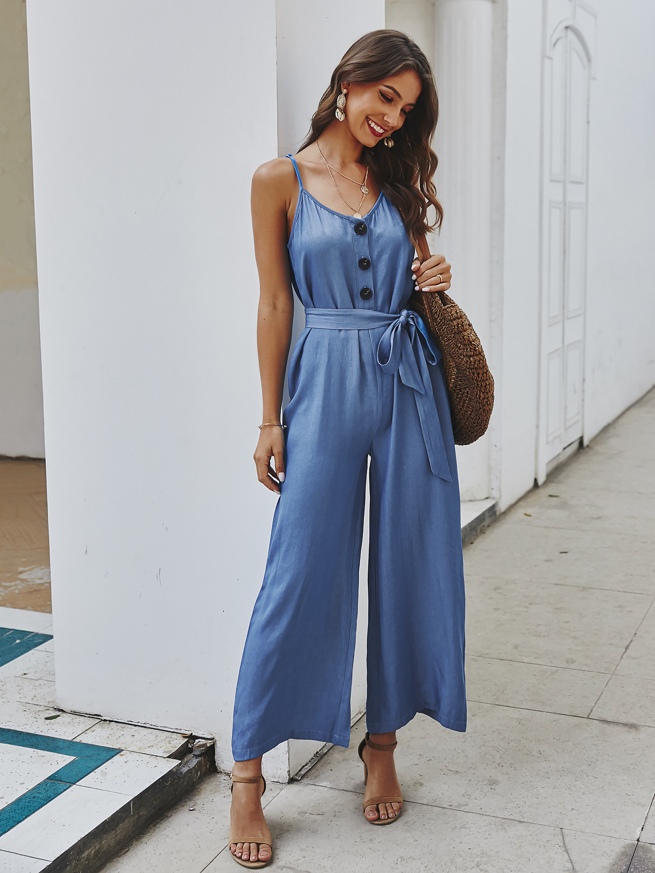 pure color tie casual fashion suspender jumpsuit  NSDY8279