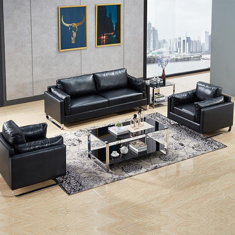 办公沙发茶几组合现代简约商务接待会客室洽谈三人位真皮沙发