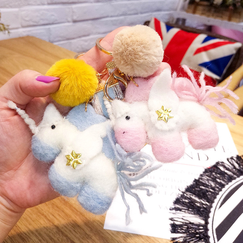 Japanese and Korean New Arrival Handmade High Quality Wool Felt Fantasy Unicorn Star Girls' Bag Pendant Keychain Ring