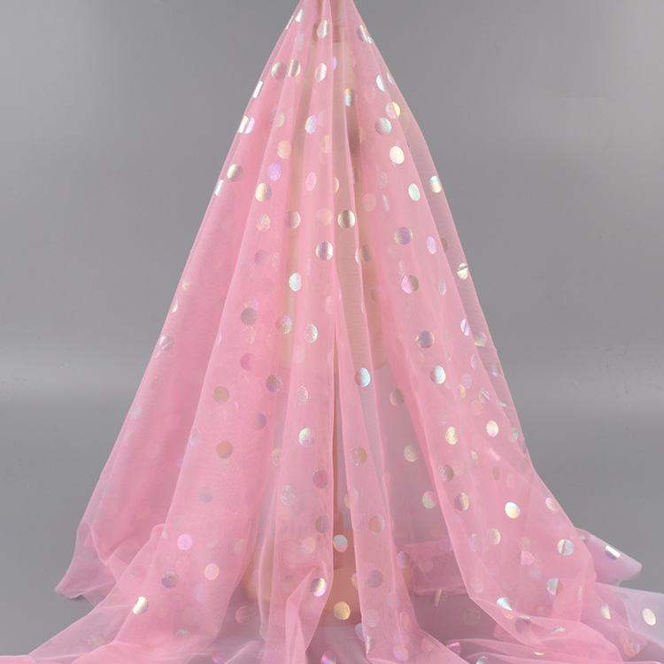 Fabricantes de suministro de puntos láser colorido estampado rosa tela de malla de tela de ropa de chicas