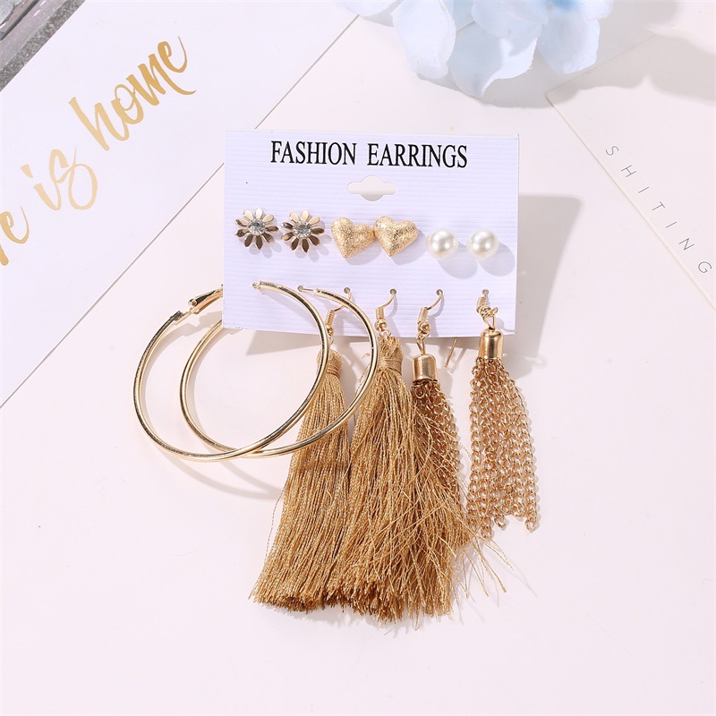 Geometric Tassel Set Earrings Sweet Love Pearl Small Earrings 6 Pairs Of Earrings Wholesale display picture 3