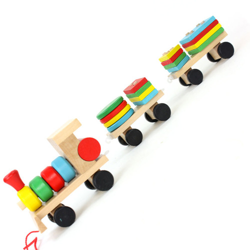 Factory direct sales wooden pull three-section small train disassembly and assembly geometric set column shape matching educational early education toys
