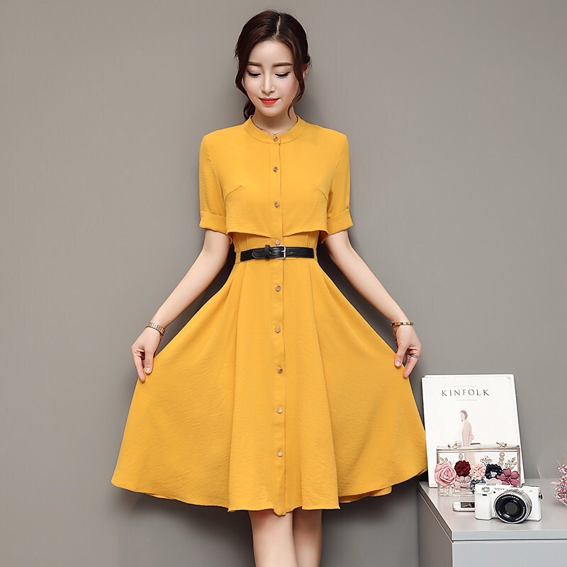 Papaya milk summer women's Korean-style temperament A- line shirt skirt mid-length waist slimming solid color dress Papaya milk summer women's Korean-style temperament A- line shirt skirt mid-length waist slimming solid color dress