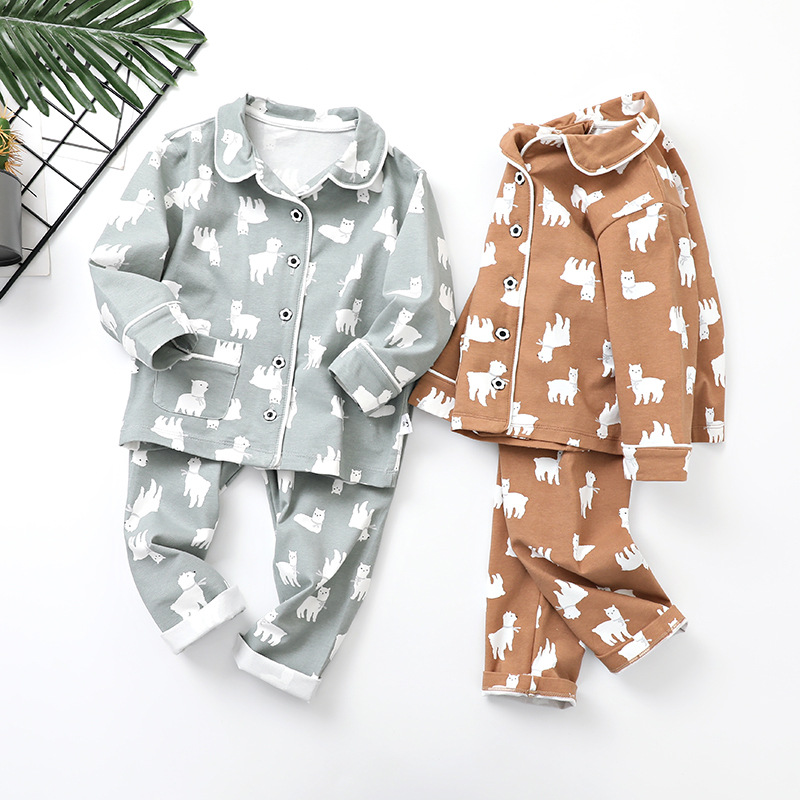 New Cotton Long Sleeve Full Print White Bear Pattern Top Pants Children's Wear Children's Pants Home Clothes Autumn Clothes Autumn Pants Set
