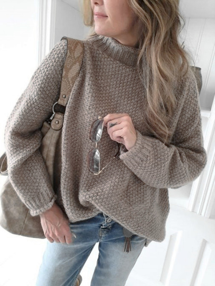 Solid Color Half High Neck Curled Pullover Sweater NSJXW105443