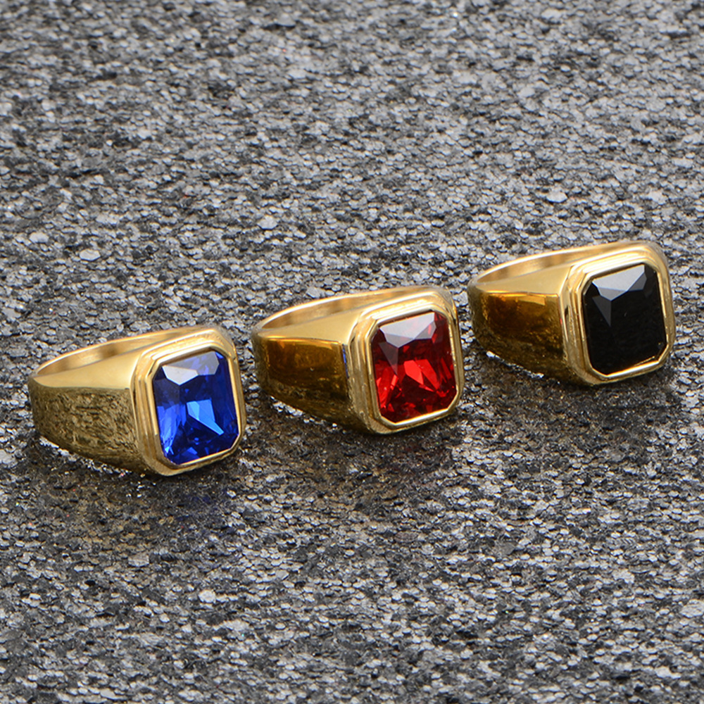 25g Weight Vacuum Plating Gold Plating Process 18K Gold Plated Plating Material Gem, Glass Stone Inlay Material Retro Square Titanium Steel Inlay Gem Glass Stone 18K Gold Plated Men'S Rings