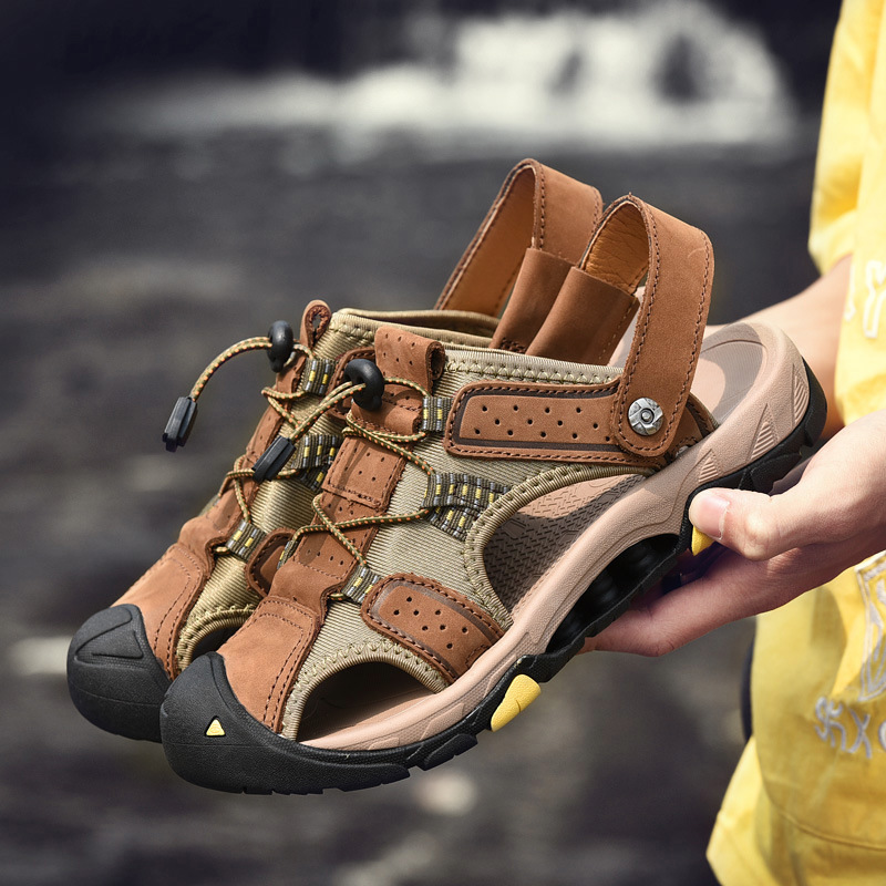 超大码凉鞋男454647户外休闲两穿沙滩鞋头层牛皮加肥夏季凉拖鞋潮|ms