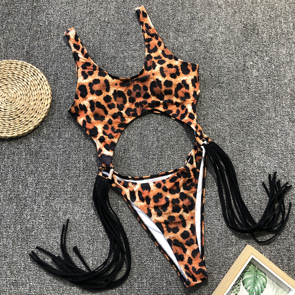 Leopard print hot style one-piece swimsuit sexy hollow steel ring tassel one-piece bikini  NSDA1273