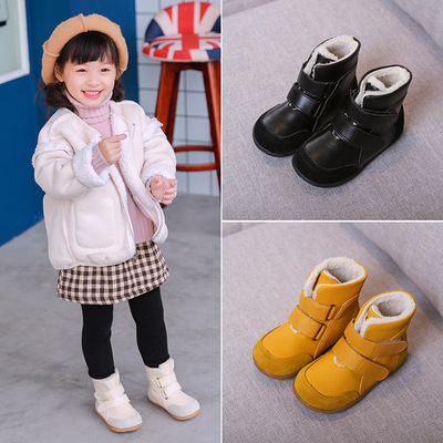 2021 Autumn and winter children Snow boots girl Cotton boots Korean Edition Velcro Boy Riding boots non-slip genuine leather